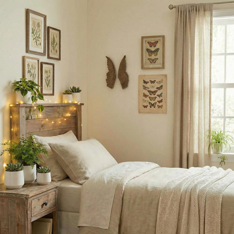 a cozy bedroom with a wooden headboard, a white bedspread, and various decorative elements such as framed butterfly artwork and potted plants.