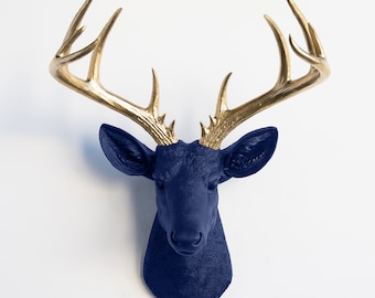 Faux Taxidermy Large Deer Head Wall Mount - Wall Decor - Navy and Gold - ND6508