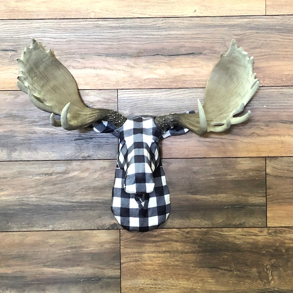 Faux Taxidermy Moose Head Fabric Wall Mount - Wall Decor - Navy Gingham - FAM9200