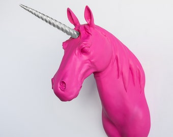 Faux Taxidermy XL Unicorn Wall Mount - Wall Decor - Hot Pink and Silver - XLU1610