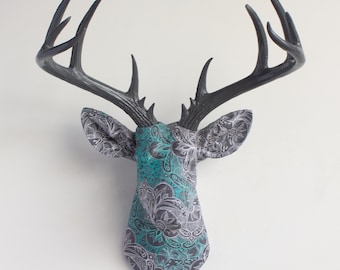 Faux Taxidermy Deer Head Fabric Wall Mount - Wall Decor - Turquoise Paisley - FAD8915