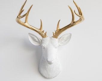Faux Taxidermy Large Deer Head Wall Mount - Wall Decor - White and Gold - ND0108