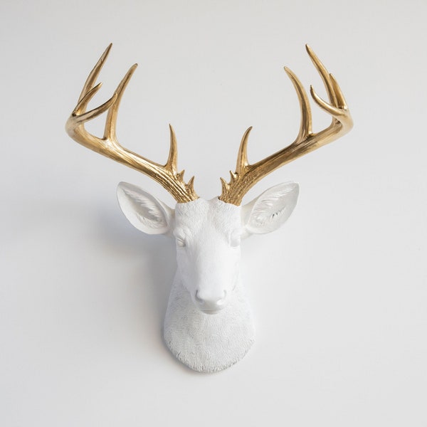 Faux Taxidermy Large Deer Head Wall Mount - Wall Decor - White and Gold - ND0108