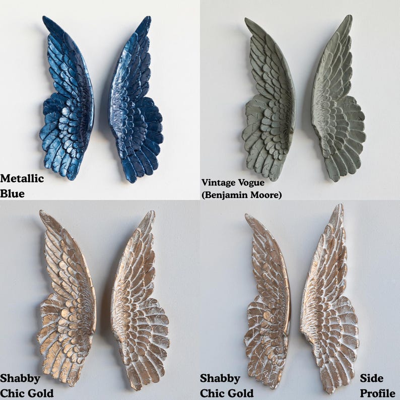 Peut inclure: Quatre paires de sculptures d'ailes d&eacute;coratives de diff&eacute;rentes couleurs. Des ailes bleu m&eacute;tallis&eacute;, des ailes Vintage Vogue (Benjamin Moore) et deux paires d'ailes Shabby Chic Gold sont pr&eacute;sent&eacute;es. Le profil d'une aile est &eacute;galement montr&eacute;.