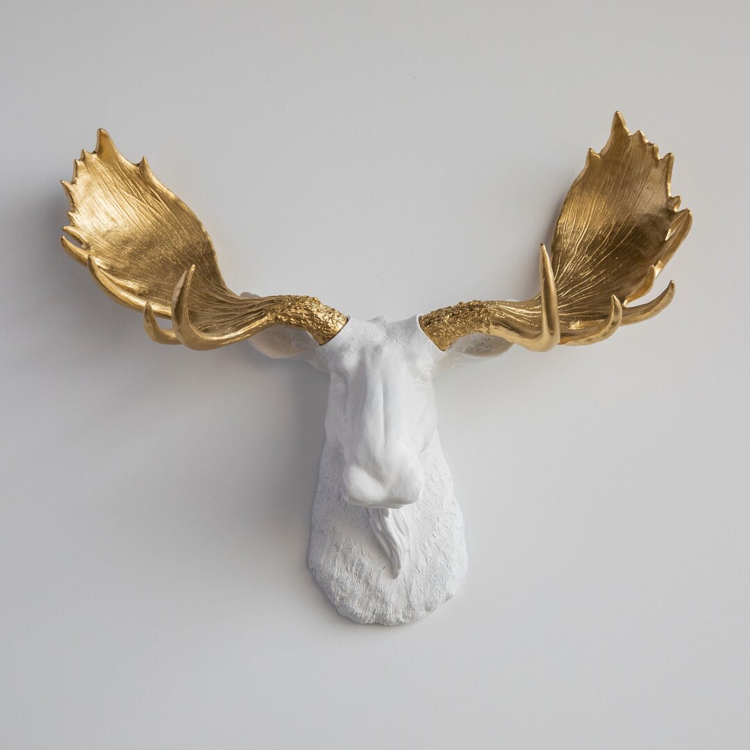 Faux Taxidermy Moose Head Wall Mount - Wall Decor - White and Gold - M0108  - Etsy, image size:1080x1080