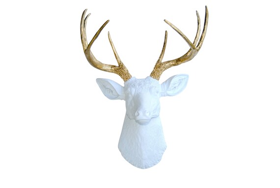 Faux Deer Head In White And Gold Deer Head Antlers Fake Etsy
