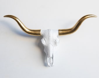 Faux Taxidermy Mini Texas Longhorn Skull Mount - Wall Decor - White/Gold - MTL0108