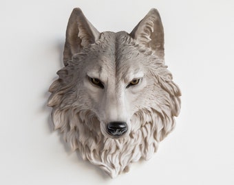 Faux Taxidermy Wolf Head Wall Mount - Wall Decor - Gray with Yellow Eyes - W00Y