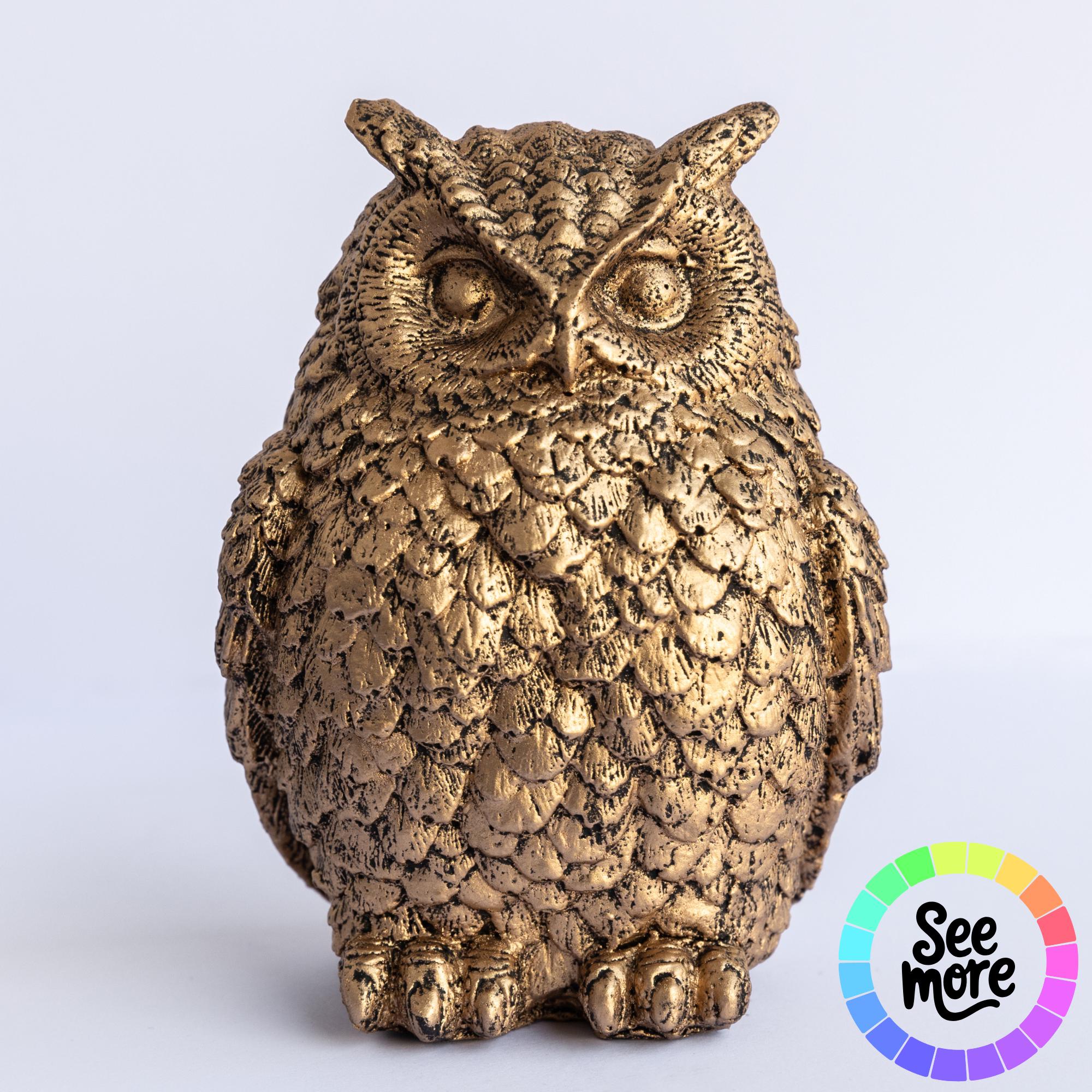 Antique Owl Statuette – Handpainted Tabletop Owl in Antique Gold, Pewter, Copper | Small Faux 