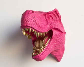 Faux Taxidermy T-Rex Wall Mount - Wall Decor - Hot Pink en Gold - TX1608