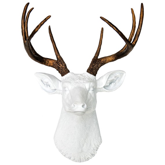 Deer Head Wall Mount In White And Bronze Faux Taxidermy - Fake Deer Head Wall Mount Deer Head Wall Mount In White And Bronze Faux Taxidermy - Fake Deer Head Wall Mount