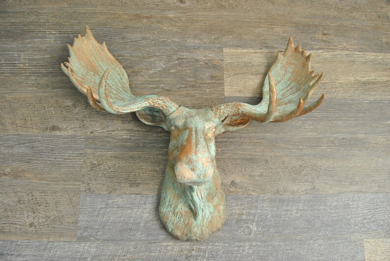 Patina Moose Head Wall Mount Faux Taxidermy Farm House Rustic Weathered Décor M7474