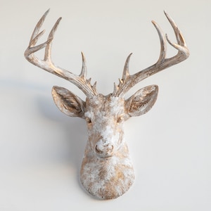 Faux Deer Head Wall Mount: Antiqued Gold Patina - European Cottage Heirloom-Inspired Decor