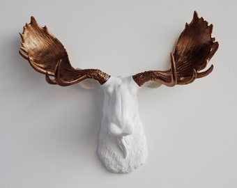 Faux Taxidermy Moose Head Wall Mount - Wall Decor - White and Bronze - M0109