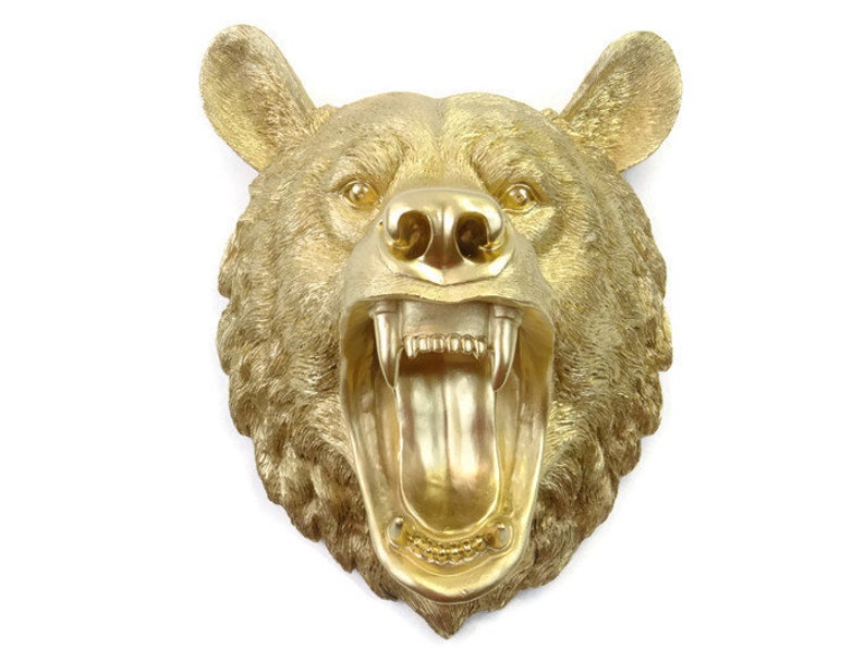 Bear Head Wall Mount Faux Taxidermy Fierce Metallic Gold Roaring Ombe08