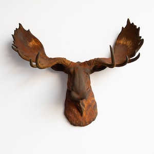 May include: A rustic, brown moose head wall mount with large antlers. The sculpture has a textured surface and is mounted on a white background. The antlers are wide and spread out, and the moose's face has a detailed, realistic appearance.