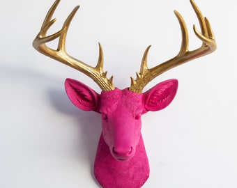 Faux Taxidermy Large Deer Head Wall Mount - Wall Decor - Hot Pink and Gold - ND1608