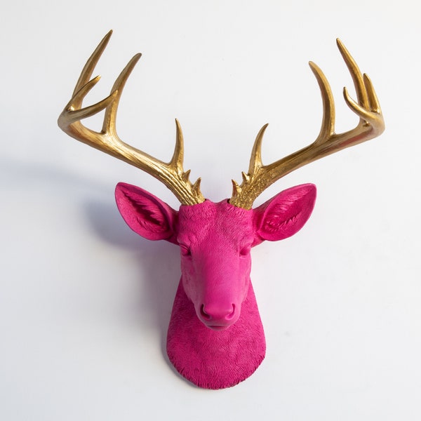 Faux Taxidermy Large Deer Head Wall Mount - Wall Decor - Hot Pink and Gold - ND1608