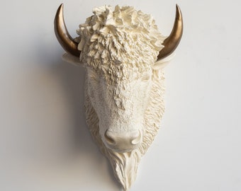 Faux Taxidermy Buffalo Bison Head - Wall Decor - Cream and Bronze - BIH4309