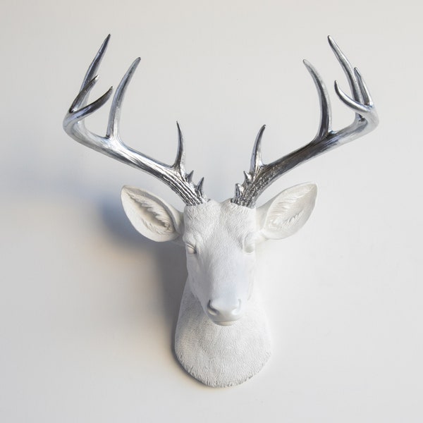 Faux Taxidermy Large Deer Head Wall Mount - Wall Decor - White and Silver - ND0110