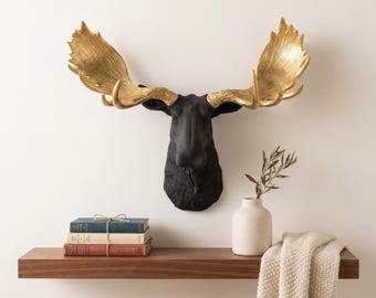 Faux Taxidermy Moose Head Wall Mount - Wall Decor - Black and Gold - M1708