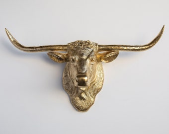 Faux Taxidermy Texas Longhorn Head Wall Mount - Wall Decor - Gold - TLH0808