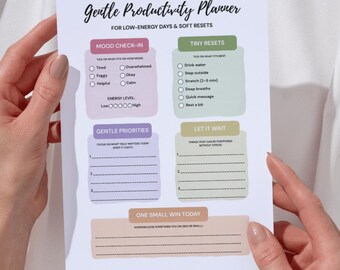 Gentle Productivity Planner Printable, Low Energy Day Journal, ADHD Productivity Worksheet, Soft Reset Daily Planner, Mental Health Planner