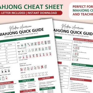 May include: Two white sheets of paper featuring a Modern American Mahjong Quick Guide. The documents include sections for tile counts, suit overviews, bonus tiles, game setup, turn order, calling tiles, understanding card colors, and mahjong etiquette.