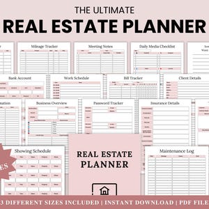 Op de afbeelding: Een vastgoedplanner met 18 pagina's, met onkosten-, kilometer- en klanttrackers. De planner bevat een werkschema, factuurtracker en onderhoudslogboek. De tekst luidt "THE ULTIMATE REAL ESTATE PLANNER."