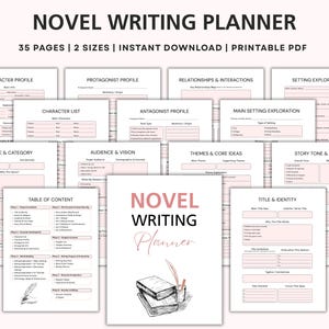 Op de afbeelding: Een digitale roman-schrijfplanner met 35 pagina's in twee formaten, inclusief een voorpagina met een illustratie van een boek en een veer, en diverse sjablonen voor karakterprofielen, setting, genre en verhaaltoon in zwarte en roze tekst.