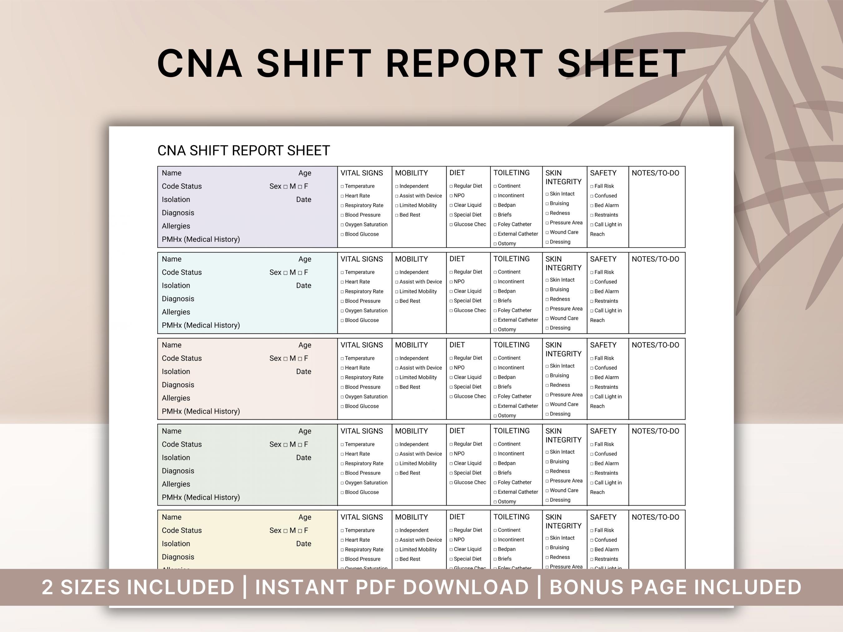 CNA Shift Report Sheet Printable, CNA Brain Sheet, Nursing Assistant ...