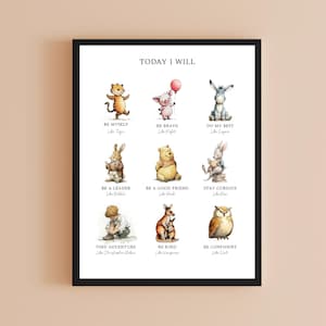 May include: A framed print with a black border featuring watercolor illustrations of various animals. The text "TODAY I WILL" is at the top, with phrases like "BE MYSELF" and "BE BRAVE" below each animal. The print is displayed against a neutral background.