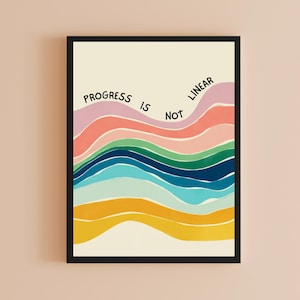 Puede incluir: Una impresión artística enmarcada con el texto "PROGRESS IS NOT LINEAR" en negro. La obra presenta bandas onduladas de colores en tonos de amarillo, naranja, azul, verde y rosa. La impresión está sobre un fondo crema.