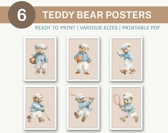 Set of 6 Teddy Bear Sports Posters, Vintage Nursery Wall Art, Baby Shower Gift Newborn Gift, Daycare Classroom Decoration