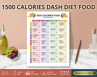 1500 Calorie DASH Diet Meal Plan Printable, 7 Day DASH Diet Food List PDF, Blood Pressure Friendly Meal Planner, Healthy Eating Chart