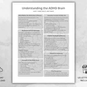 May include: A grayscale printable document titled "Understanding the ADHD Brain." It details aspects like brain differences, executive function, and working memory. Includes "Instant Download" and "US Letter Size Included" text.