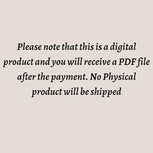 Op de afbeelding: Tekst op een beige achtergrond: "Let op: dit is een digitaal product en u ontvangt na betaling een PDF-bestand. Er wordt geen fysiek product verzonden."