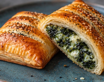 Cheese and Spinach Stuffed Pastry Recipe, Savory Pastry Printable, Flaky Mediterranean Vegetarian Appetizer, Brunch Snack Digital Download