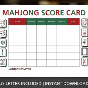 Utskrivbart Mahjong-poängkort, Mahjong-poängblad i PDF-format, poängspårare för spelkvällar med amerikanska bokstäver, Mahjong-räkningskort för direktnedladdning