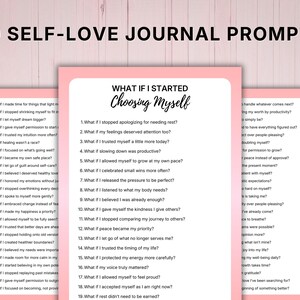 Printable self love journal prompts featuring 60 mental health and self-care reflection questions in a soft pink aesthetic layout for healing, mindfulness, therapy, and personal growth journaling.