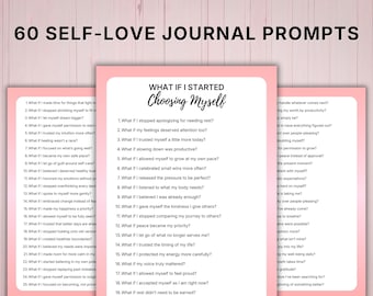60 Self Love Journal Prompts Printable, Guided Mindfulness Practice, Self Care Workbook, Healing Prompts, Therapy Reflection Pages,