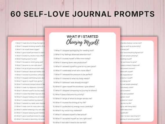 60 Self Love Journal Prompts Printable, Guided Mindfulness Practice, Self Care Workbook, Healing Prompts, Therapy Reflection Pages,