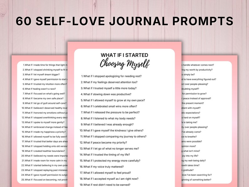 Printable self love journal prompts featuring 60 mental health and self-care reflection questions in a soft pink aesthetic layout for healing, mindfulness, therapy, and personal growth journaling.
