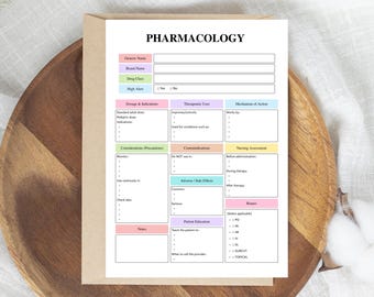 May include: A pharmacology study guide with the title "PHARMACOLOGY" at the top. The guide includes sections for generic name, drug class, dosage, therapeutic uses, and adverse effects. The guide is on a white paper with colorful boxes.
