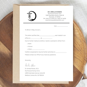 May include: A medical letterhead from Dr. Amelia Rowan, Northwood Family Clinic, with a caduceus symbol. The letter is on white paper with a tan border, and includes spaces for patient information and a medical license number.