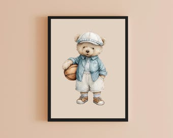 Basketball Teddy Bear Print: Vintage Sports Nursery Decor (Digital Download)