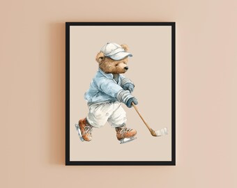 Vintage Hockey Teddy Bear Print, Sports-themed Playroom Nursery Wall Art, Boys Room Decor Art (Instant Download)