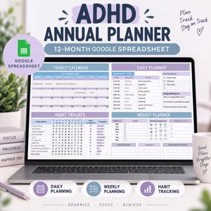 Può includere: Uno schermo di un portatile che mostra un foglio di calcolo Google per un pianificatore annuale ADHD con sezioni per calendario annuale, pianificatore giornaliero, tracker delle abitudini e pianificatore settimanale. L'interfaccia presenta intestazioni viola e blu.