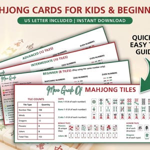 Barnens Mahjongkort för nybörjare, Utskrivbar Mahjong-guide, Lär dig Mahjong-fusklapp, Mahjongkort för mellanstadiet, Mini-Mahjong 101