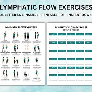 以下が含まれることがあります： Lymphatic Flow Exercisesと題された印刷可能なPDFドキュメント。様々な身体運動のイラスト付き手順と、30日間のチャレンジトラッカーグリッドが掲載されています。レイアウトには各エクササイズのテキスト説明とカレンダー形式が含まれています。